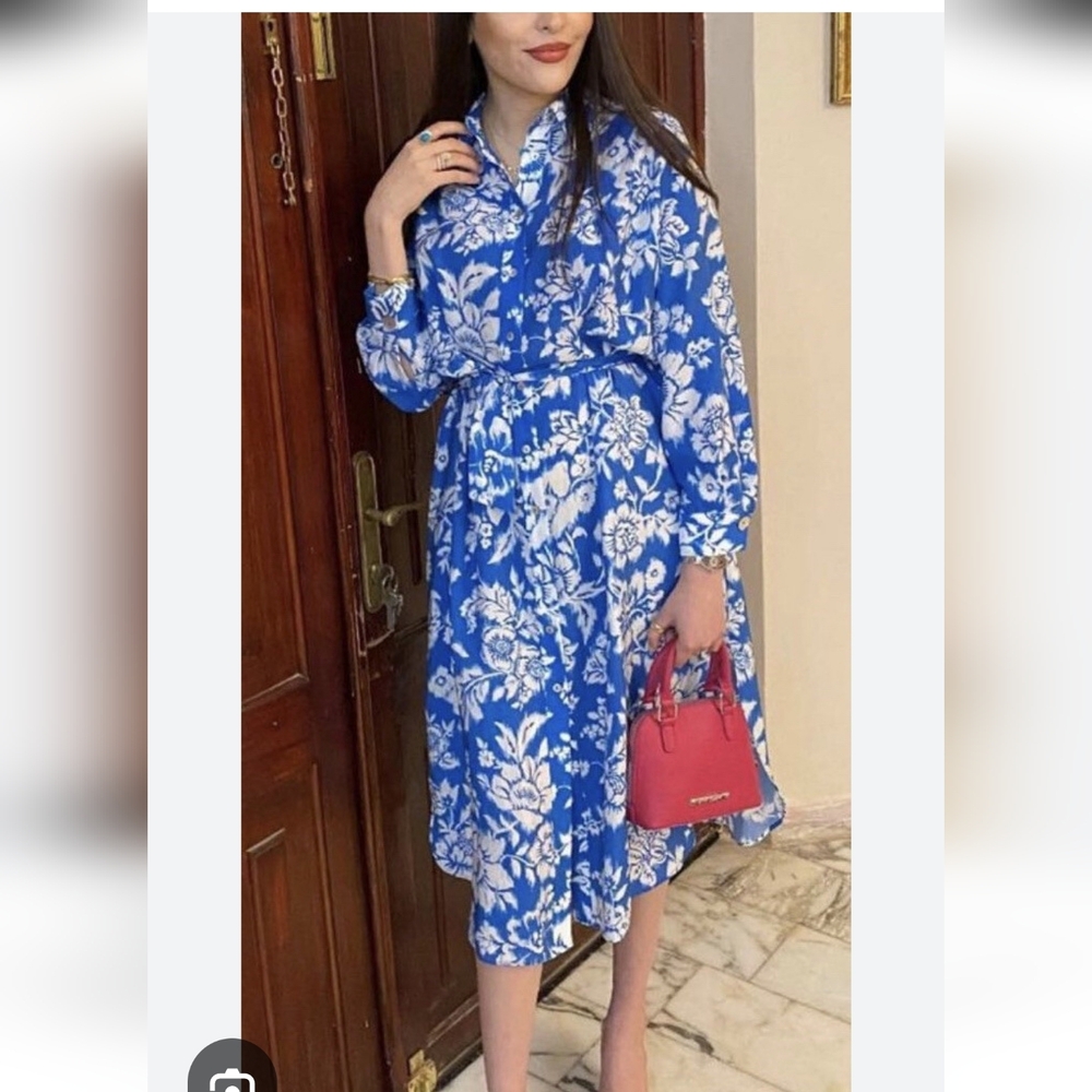 Zara floral Blue print shirt dress Size M NEW - Picture 2 of 11